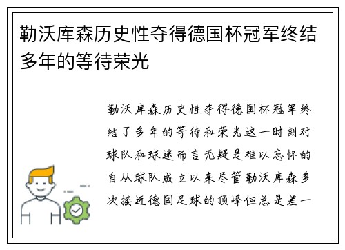 勒沃库森历史性夺得德国杯冠军终结多年的等待荣光